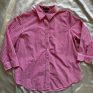 Lauren Ralph Lauren Pink Gingham Logo Button Up Blouse Preppy Large 100% Cotton
